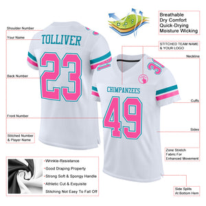 Custom White Pink-Teal Mesh Authentic Football Jersey