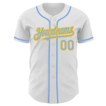 Custom White Light Blue-Yellow Authentic Baseball Jersey