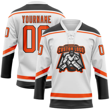 Custom White Orange-Black Hockey Lace Neck Jersey