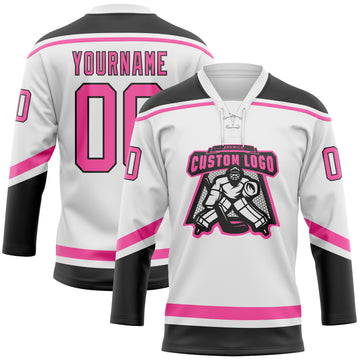 Custom White Pink-Black Hockey Lace Neck Jersey