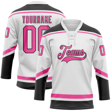 Custom White Pink-Black Hockey Lace Neck Jersey