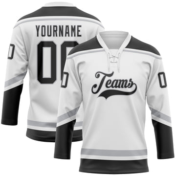 Custom White Black-Gray Hockey Lace Neck Jersey
