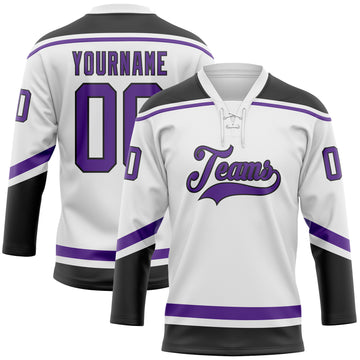 Custom White Purple-Black Hockey Lace Neck Jersey