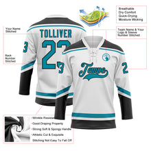 Load image into Gallery viewer, Custom White Teal-Black Hockey Lace Neck Jersey
