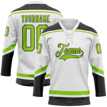 Custom White Neon Green-Black Hockey Lace Neck Jersey