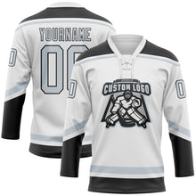 Load image into Gallery viewer, Custom White Silver-Black Hockey Lace Neck Jersey
