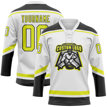 Custom White Neon Yellow-Black Hockey Lace Neck Jersey