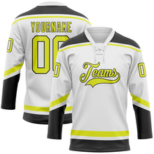Load image into Gallery viewer, Custom White Neon Yellow-Black Hockey Lace Neck Jersey
