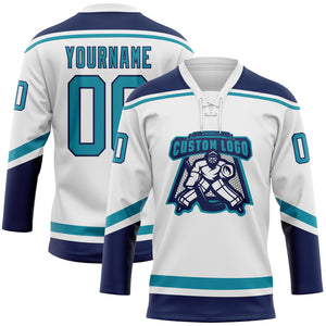 Custom White Teal-Navy Hockey Lace Neck Jersey