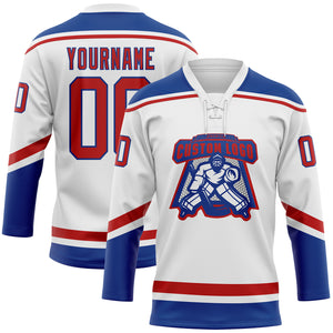 Custom White Red-Royal Hockey Lace Neck Jersey