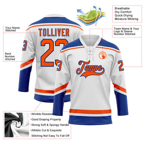 Custom White Orange-Royal Hockey Lace Neck Jersey