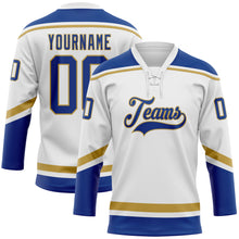 Load image into Gallery viewer, Custom White Royal-Old Gold Hockey Lace Neck Jersey
