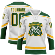 Load image into Gallery viewer, Custom White Green-Gold Hockey Lace Neck Jersey
