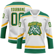 Load image into Gallery viewer, Custom White Kelly Green-Gold Hockey Lace Neck Jersey
