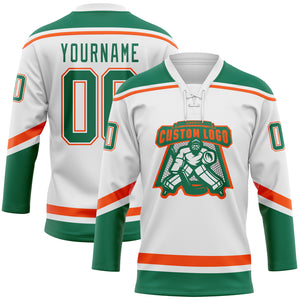 Custom White Kelly Green-Orange Hockey Lace Neck Jersey