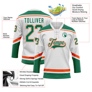 Custom White Kelly Green-Orange Hockey Lace Neck Jersey