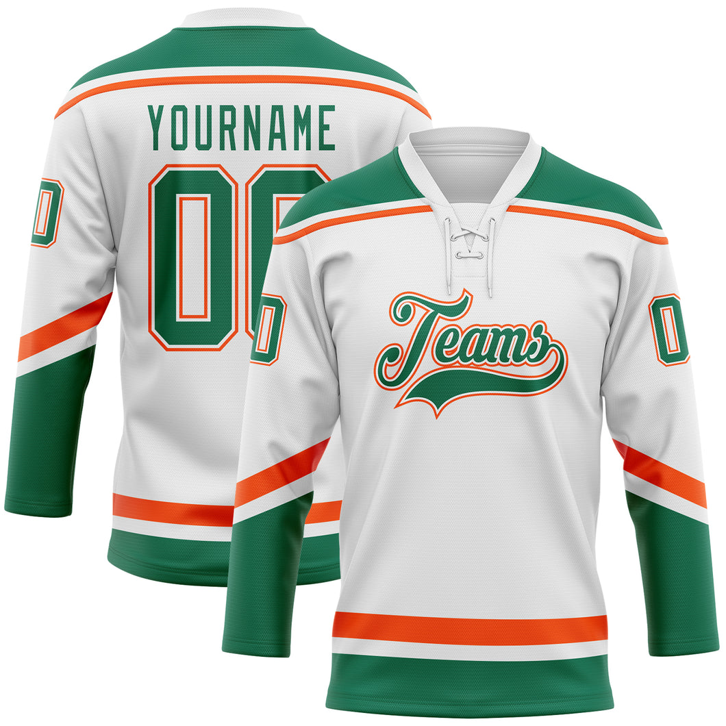 Custom White Kelly Green-Orange Hockey Lace Neck Jersey