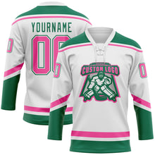 Load image into Gallery viewer, Custom White Pink-Kelly Green Hockey Lace Neck Jersey
