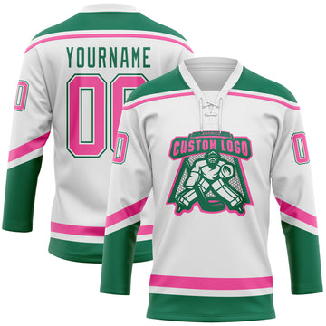 Custom White Pink-Kelly Green Hockey Lace Neck Jersey