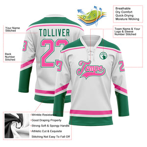 Custom White Pink-Kelly Green Hockey Lace Neck Jersey