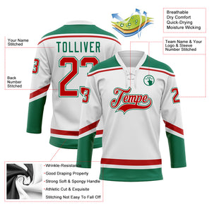 Custom White Red-Kelly Green Hockey Lace Neck Jersey