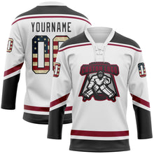 Load image into Gallery viewer, Custom White Vintage USA Flag Black-Maroon Hockey Lace Neck Jersey
