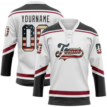 Load image into Gallery viewer, Custom White Vintage USA Flag Black-Maroon Hockey Lace Neck Jersey
