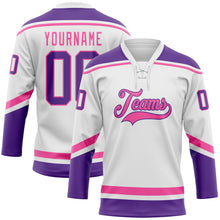 Load image into Gallery viewer, Custom White Purple-Pink Hockey Lace Neck Jersey
