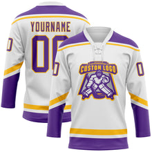 Load image into Gallery viewer, Custom White Purple-Gold Hockey Lace Neck Jersey
