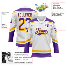 Load image into Gallery viewer, Custom White Purple-Gold Hockey Lace Neck Jersey
