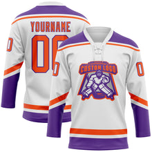 Load image into Gallery viewer, Custom White Orange-Purple Hockey Lace Neck Jersey
