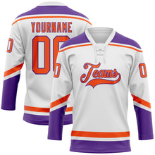 Load image into Gallery viewer, Custom White Orange-Purple Hockey Lace Neck Jersey
