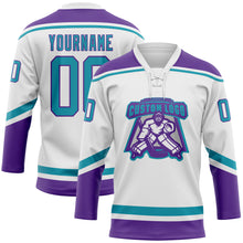 Load image into Gallery viewer, Custom White Teal-Purple Hockey Lace Neck Jersey
