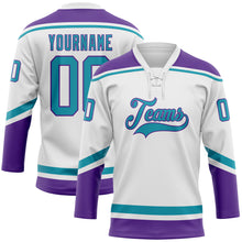 Load image into Gallery viewer, Custom White Teal-Purple Hockey Lace Neck Jersey
