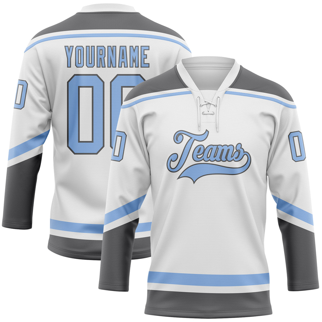 Custom White Light Blue-Steel Gray Hockey Lace Neck Jersey