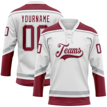 Load image into Gallery viewer, Custom White Crimson-Gray Hockey Lace Neck Jersey
