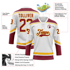 Custom White Crimson-Gold Hockey Lace Neck Jersey