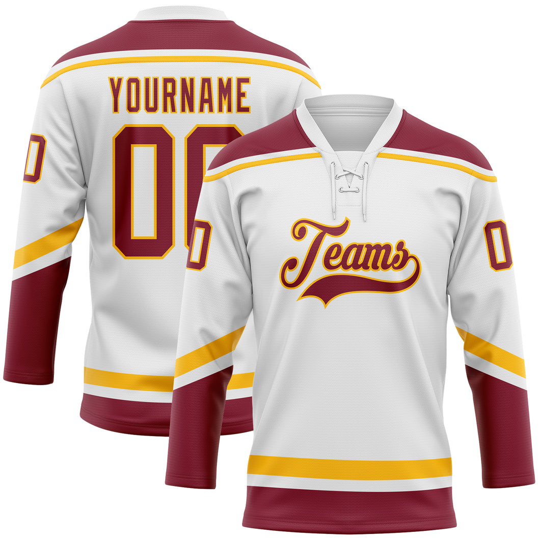 Custom White Crimson-Gold Hockey Lace Neck Jersey