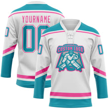 Load image into Gallery viewer, Custom White Teal-Pink Hockey Lace Neck Jersey
