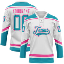 Load image into Gallery viewer, Custom White Teal-Pink Hockey Lace Neck Jersey
