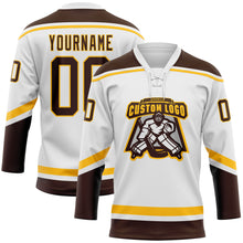 Load image into Gallery viewer, Custom White Brown-Gold Hockey Lace Neck Jersey
