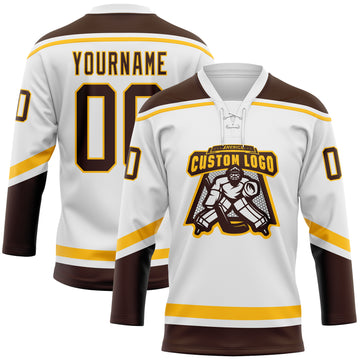 Custom White Brown-Gold Hockey Lace Neck Jersey