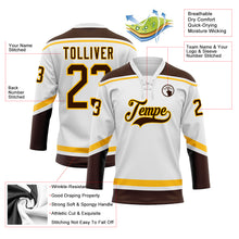 Load image into Gallery viewer, Custom White Brown-Gold Hockey Lace Neck Jersey
