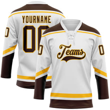 Load image into Gallery viewer, Custom White Brown-Gold Hockey Lace Neck Jersey
