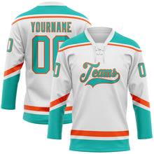 Load image into Gallery viewer, Custom White Aqua-Orange Hockey Lace Neck Jersey
