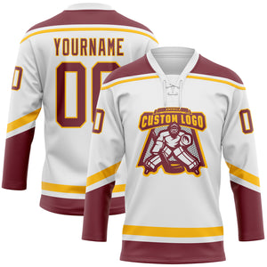 Custom White Burgundy-Gold Hockey Lace Neck Jersey