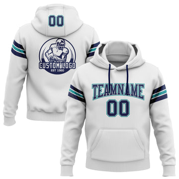 Custom Stitched White Navy Gray-Teal Football Pullover Sweatshirt Hoodie