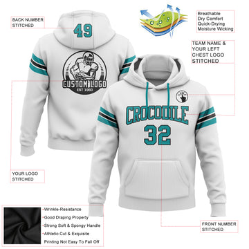 Custom Stitched White Teal-Black Football Pullover Sweatshirt Hoodie