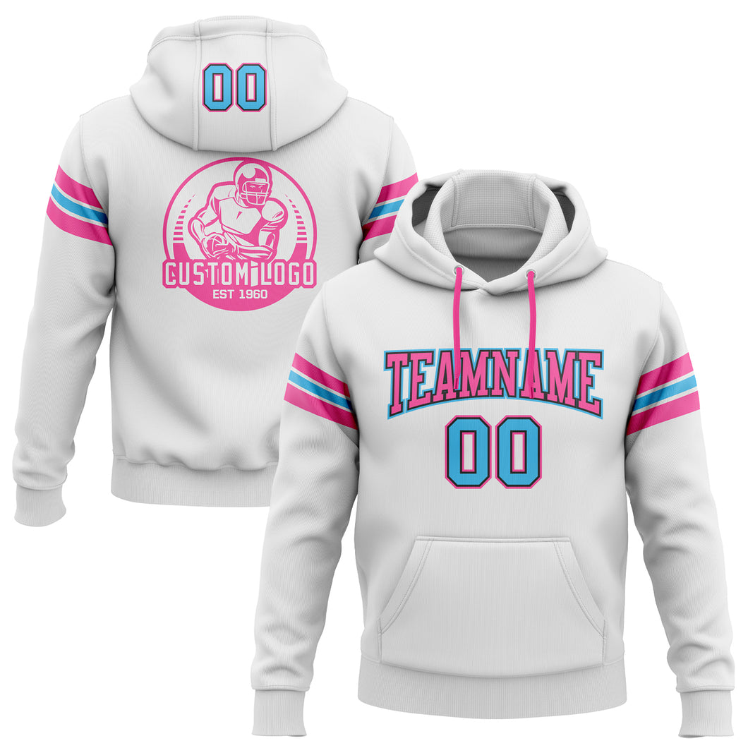 Custom Stitched White Sky Blue Black-Pink Football Pullover Sweatshirt Hoodie