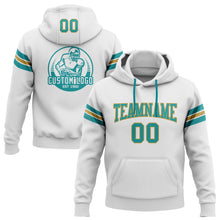 Load image into Gallery viewer, Custom Stitched White Teal-Old Gold Football Pullover Sweatshirt Hoodie
